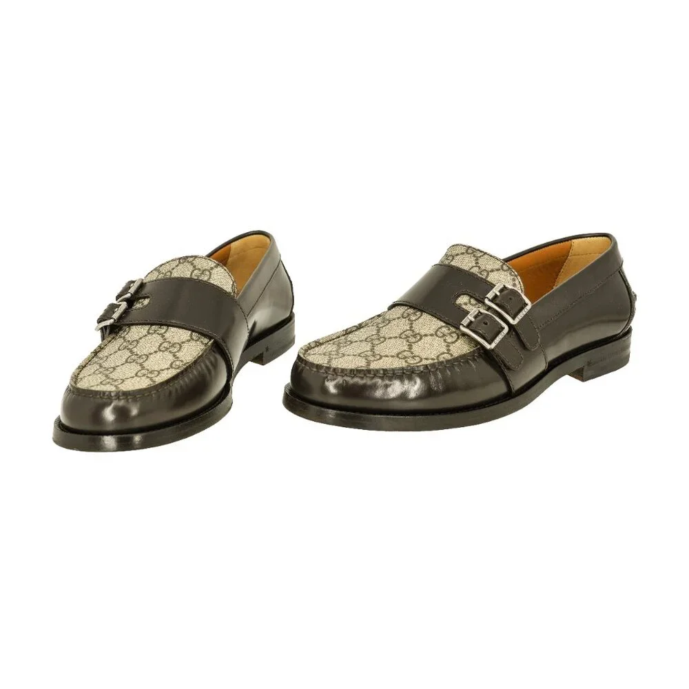 Gucci Men's GG Supreme and Leather Double Buckle Loafers - Picture 2 of 9
